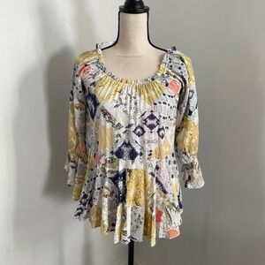 Dear John Pleated Boho Blouse Small Patchwork Off Shoulder Peasant Floral Hippie